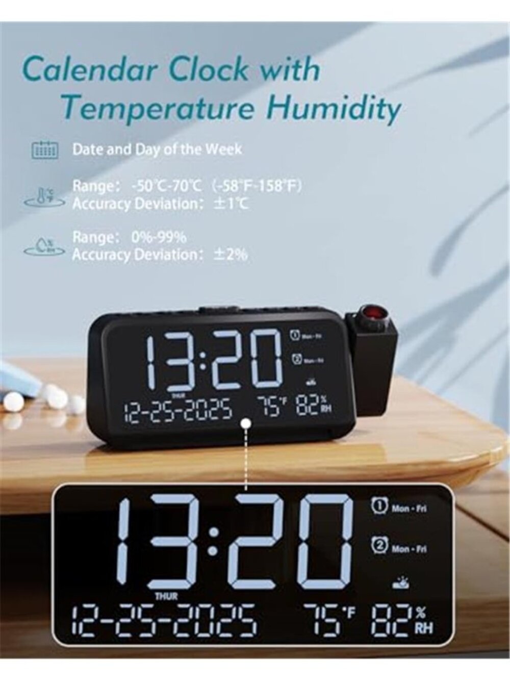 Projection Alarm Clock LED Digital Ceiling Display Temperature Humidity USB - Picture 3 of 6